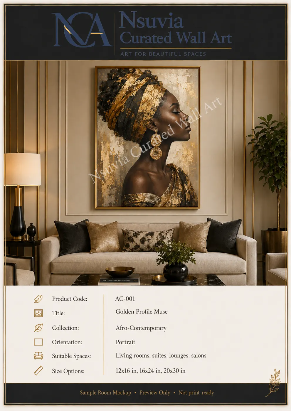 Framed Afro-Contemporary Golden Profile Muse portrait above a cream sofa in an elegant living room — Nsuvia Curated Wall Art sample mockup (preview only).