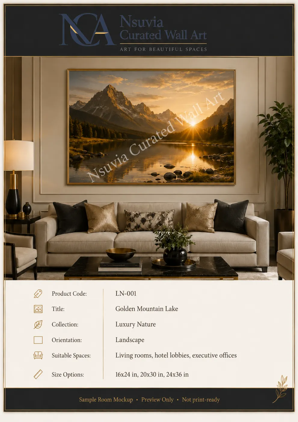Framed Golden Mountain Lake landscape displayed above a sofa in a warm luxury living room — Nsuvia Curated Wall Art sample mockup (preview only).