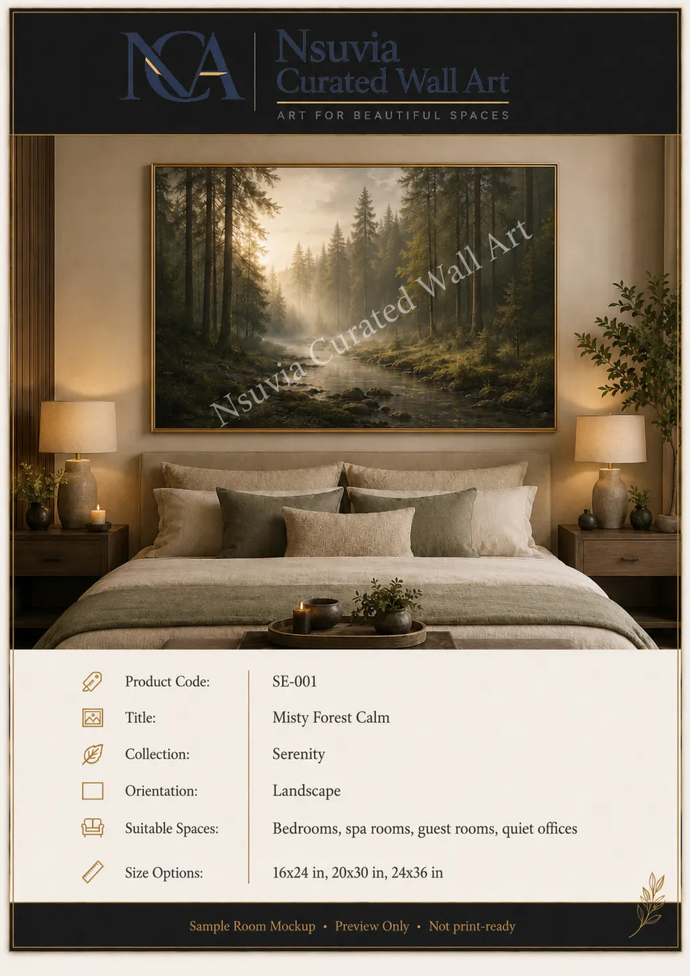 Framed Misty Forest Calm landscape above a bed in a warm, restful bedroom — Nsuvia Curated Wall Art sample mockup (preview only).