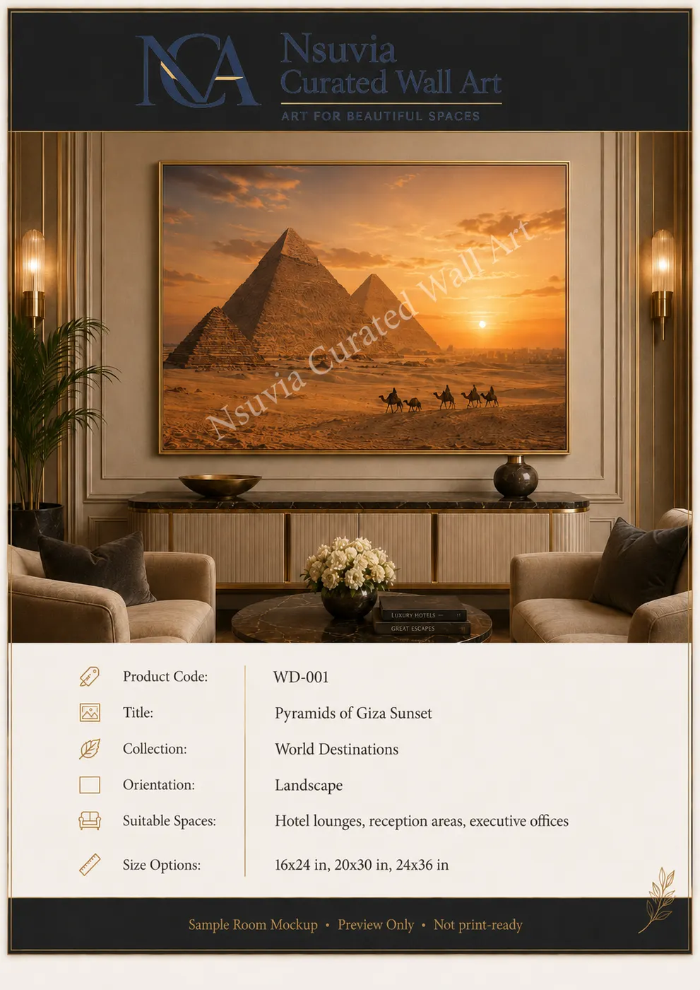 Framed Pyramids of Giza sunset artwork above a marble console in a luxury reception area — Nsuvia Curated Wall Art sample mockup (preview only).