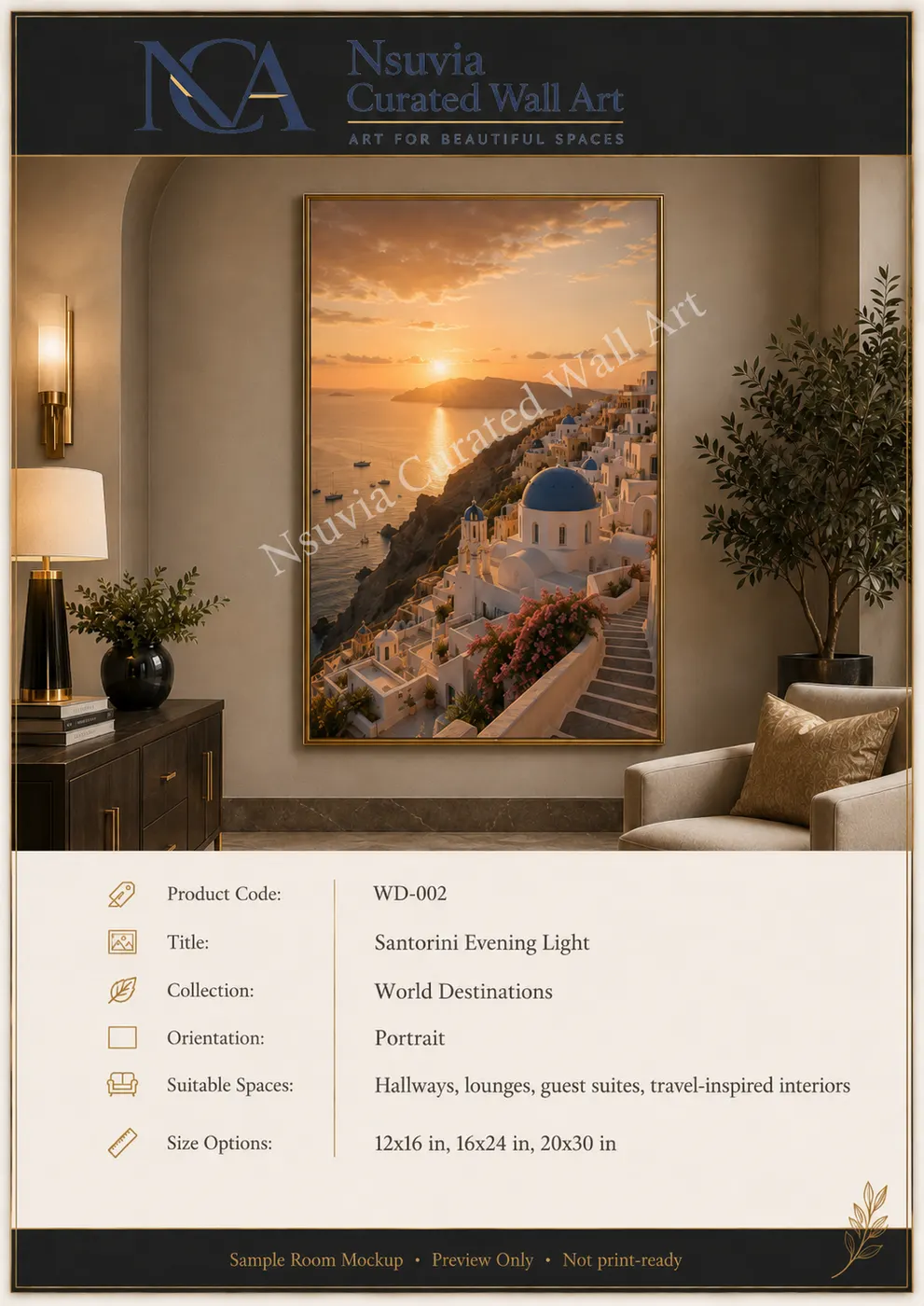 Framed Santorini evening light artwork on a neutral hallway wall with brass sconce — Nsuvia Curated Wall Art sample mockup (preview only).
